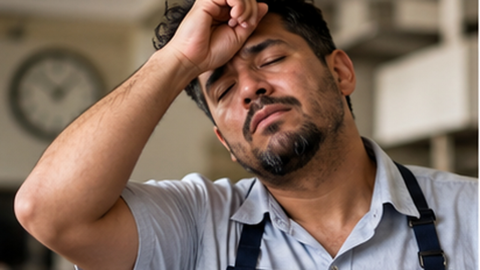 Trabalhador cansado com a mão na testa, com um relógio ao fundo